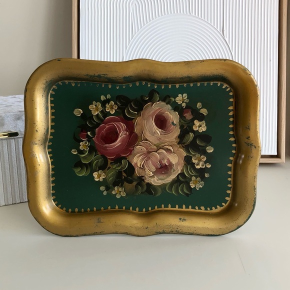 Vintage Toleware hand painted roses floral pink mauve green gold small tray - Picture 3 of 10